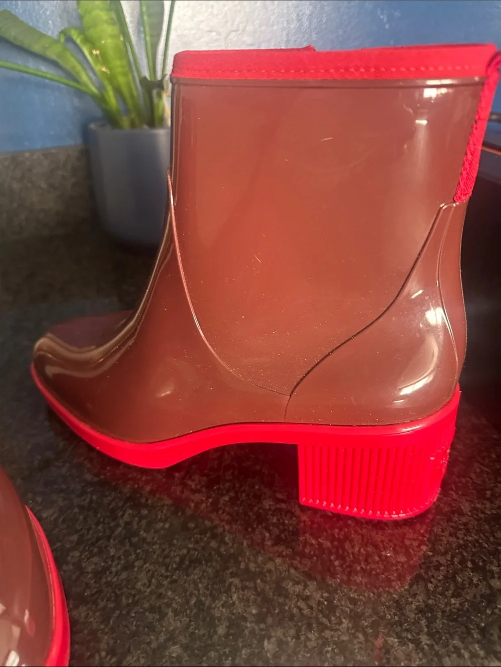 kate spade Brown Glossy Ankle Rain Boots with Red Trim